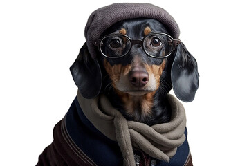 Dachshund in glasses and warm clothes  isolated on transparent background. Portrait of a cute dog.  PNG.  Digital ai art