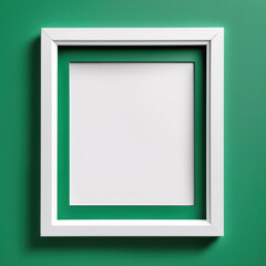 White blank photo frame laying on green background or hanging on wall. Top view, copy space for text. rectangle AI generative picture