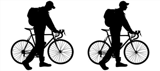 Fototapeta premium Guys, friends cyclists on a bike ride, step one after another. A man in a cap and with a backpack on his back walks with a bicycle. Side view, profile. Two black male silhouettes isolated on white