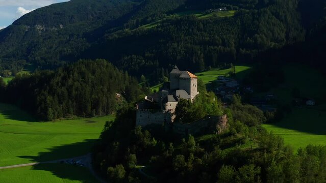 Aerial View of Burg Reifenstein In Freienfeld, South Tyrol, Italy. - pullback