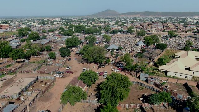 Aerial view of the cattle and animal market in Gombe, Nigeria 