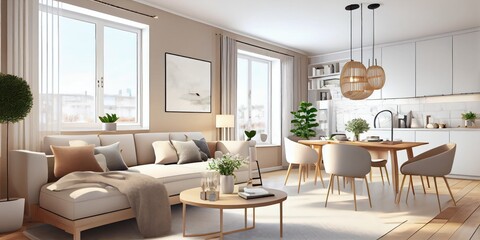 Obraz premium Stylish scandinavian living room with design mint sofa, furnitures, mock up poster map, plants and elegant personal accessories. Modern home decor. Bright and sunny room. Generative AI illustration.
