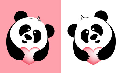 Set of cute pandas with a heart. Simple vector illustration in flat style for design.