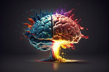 Colorful illustration of human brain with epic mind blowing thought explosion on the black background. AI generative