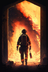 Fototapeta premium fireman,fire truck, building in fire. ai generative
