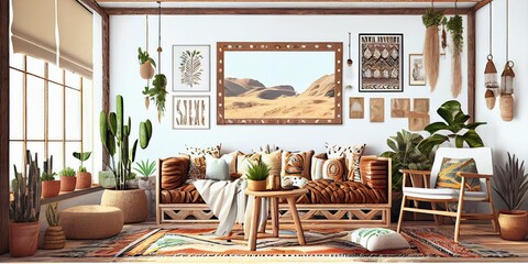 Obraz na płótnie Canvas Stylish scandinavian living room with design mint sofa, furnitures, mock up poster map, plants and elegant personal accessories. Modern home decor. Bright and sunny room. Generative AI illustration.