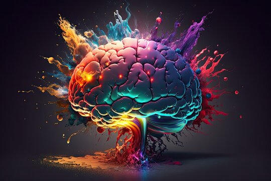 Color 3d illustration of human brain with epic mind blowing thought explosion on the black background. AI generative