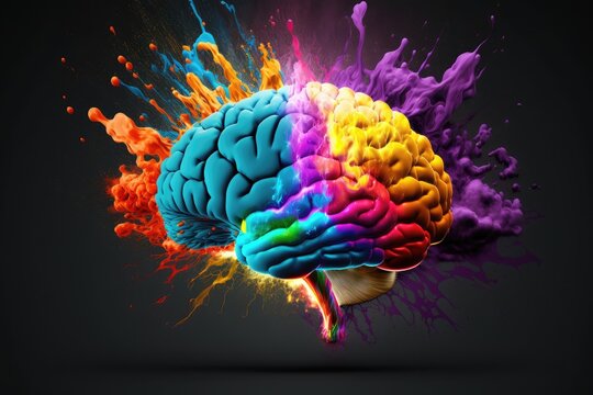 Color 3d illustration of human brain with epic mind blowing thought explosion on the black background. AI generative