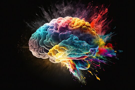 Colorful illustration of human brain with epic mind blowing thought explosion on the black background. AI generative