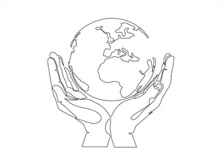 Single one line drawing of hands hold round earth. Globe icon silhouette for world protect concept. Infographics, business presentation isolated on white background. Design vector graphic illustration