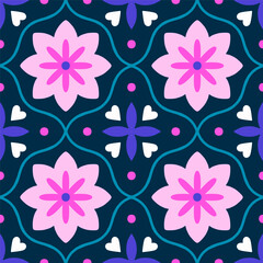 Decorative pattern with symmetrical shapes and abstract flowers. Floral tiled texture in retro style. Repetitive seamless mosaic background