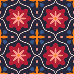 Decorative pattern with symmetrical shapes and abstract flowers. Floral tiled texture in retro style. Repetitive seamless mosaic background