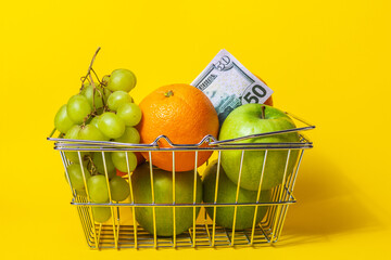 basket cart supermarket with fruit and dollar bill, fruit for food and money, multi-colored round...