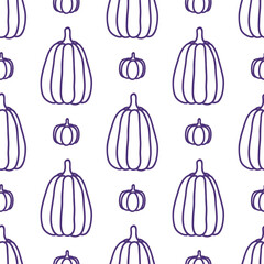 Seamless pattern with purple outline pumpkins