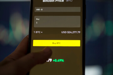 Crypto market exchange, buy bitcoin concept , phone display - 574939792