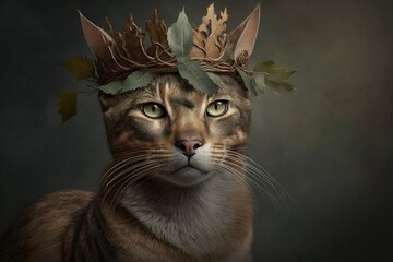 Nature's Crown: The Majestic Beauty of a Cat with Leaves on Its Head. Generative AI