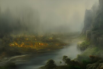 Oil painting artistic image of a magnificent busy micro medieval city in the cliffs sits in the middle of misty forest river. detailed. hyperralistic - generative ai