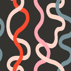 Vector twisted curvy lines pattern. Abstract seamless texture with hand drawn swirl lines. Funky background in retro style