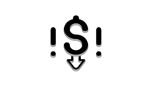 Black Dollar rate decrease icon isolated on white background. Cost reduction. Money symbol with down arrow. Business lost crisis decrease. 4K Video motion graphic animation