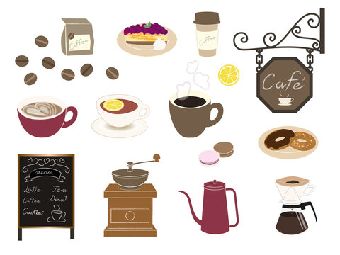 ラテやコーヒー豆や看板などカフェのアイテムセット（白バック）