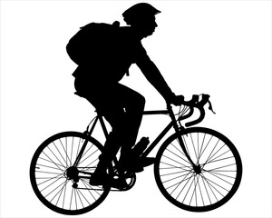 A cyclist in a protective helmet rides a bicycle with a backpack. Cyclist on a bicycle in motion. A ride on the bicycle. A man, a guy with a bike. Side view. Black silhouette of a man on a white