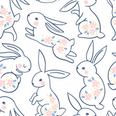 Trendy seamless pattern. A line of silhouettes of a bunny rabbit in a vector painted with pink flowers. Monochrome linocut white background. Hand-drawn cartoon illustration of forest character.