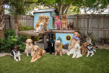 Large group of assorted dogs in a garden, Florida, USA