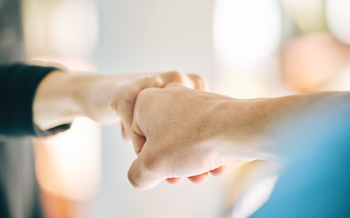Fist bump, hands and sports teamwork in gym for support, collaboration or solidarity trust. Agreement connection, partnership or greeting, thank you or motivation for success, goal or targets closeup