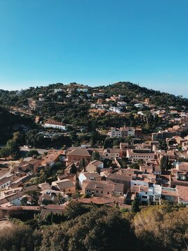 Aerial townscape in mountains, Begur, Girona, Catalonia, Spain