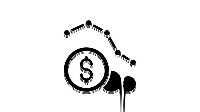 Black Dollar rate decrease icon isolated on white background. Cost reduction. Money symbol with down arrow. Business lost crisis decrease. 4K Video motion graphic animation