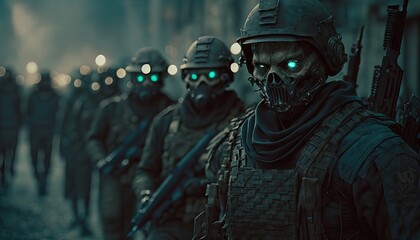 Evil zombie soldier army all with massive guns lined up in ranks marching on a apolyptic city, War Concept. Generative AI