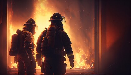Firefighters fighting a fire in a burning building. Firefighters fighting a fire. Generative AI