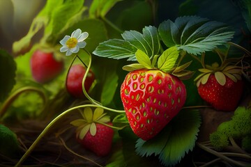 Strawberry in the garden with green leaves and white flower. Generative AI