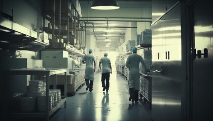 Group of factory workers walking in a factory. This is Generative AI
