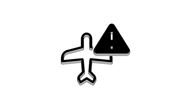Black Warning aircraft icon isolated on white background. Faulty plane. Flying prohibition zone. Plane is forbidden for transportation and travelling. 4K Video motion graphic animation