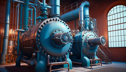 Inside a Large Industrial Boiler room, Water Treatment Facility, Generative AI