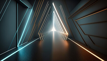 Fluorescent Illumination, Geometric Shapes of a Luminous Triangular Hallway, Generative AI