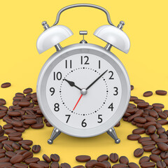 Vintage alarm clock with roasted coffee beans spread out on yellow background.
