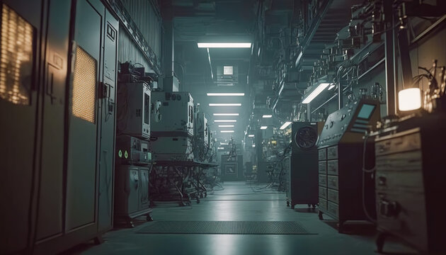 Industrial Electronics, a Large Factory Electronics Equipment Storage Room, Generative AI