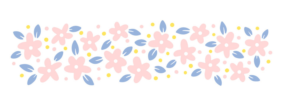 Trendy flower composition. Simple small daisies with leaves in vector. Hand drawn cartoon linocut isolated cute flowers on white background.