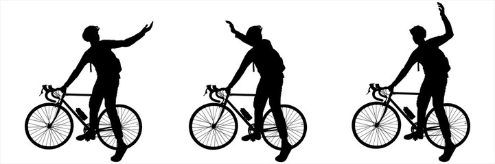 A cyclist shows the direction of movement with his hand. A guy in a protective sports helmet, with a backpack behind his back, stands near the bike. Side view. Black color silhouette isolated on white