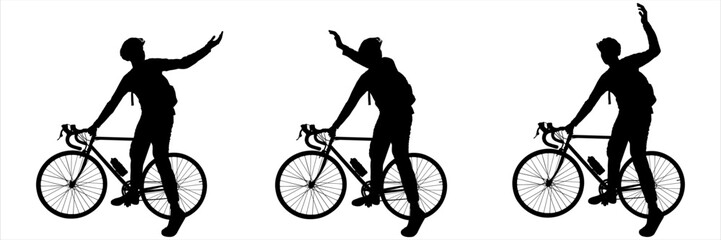 Fototapeta premium A cyclist shows the direction of movement with his hand. A guy in a protective sports helmet, with a backpack behind his back, stands near the bike. Side view. Black color silhouette isolated on white