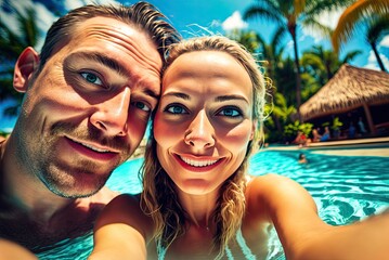 Fototapeta premium Selfie portrait of a young tanned handsome couple in pool on vacation. AI generative