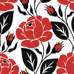 Seamless Pattern with Red Rose Inspired by Ukrainian Traditional Embroidery. Ethnic Floral Motif, Handmade Craft Art. Ethnic Design. Fabric Textile, Wrapping Paper, Wallpaper. Vector Illustration