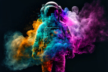 Neon astronaut in space helmet in the middle of multicolored smoke illustration