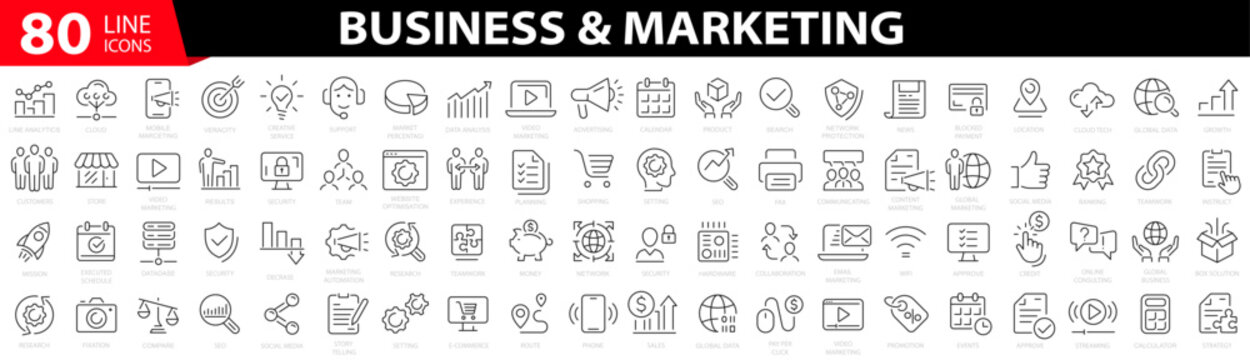 80 Icons Business & Marketing. Digital Marketing Icon. Business Icon. Content, Search, Marketing, E-commerce, Seo, Electronic Devices, Social, Social Media. Vector Illustration