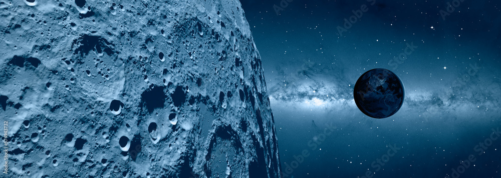 Poster the earth as seen from the surface of the moon milky way galaxy in the background 