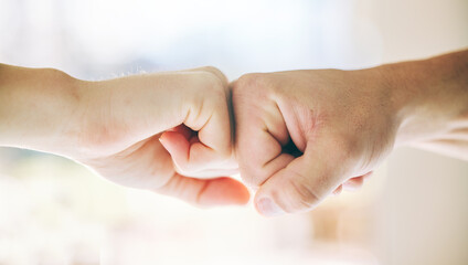 Fist bump, hands or support teamwork in gym for people in collaboration or solidarity trust. Agreement connection, partnership or friends greeting, thank you or motivation for success goal or targets