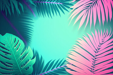 Fototapeta na wymiar Tropical neon, iridescent, green palm leaves, floral pattern background illustration with copy space