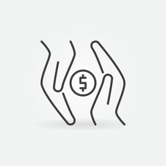 Dollar Coin in Hands vector concept outline icon or sign